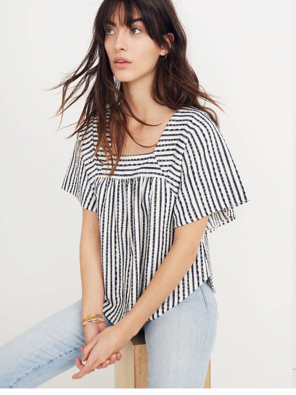 Madewell Black and White Striped Square Neck Short Sleeve Top